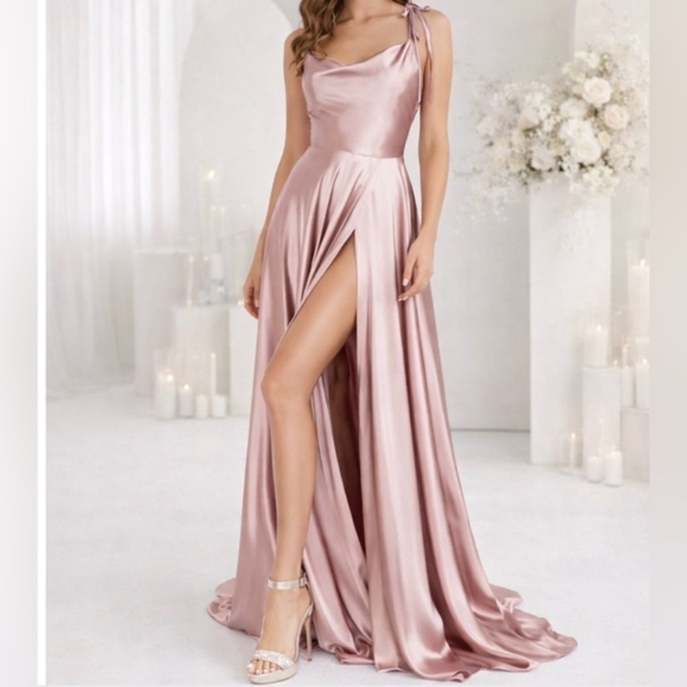 Ladivine Satin Formal Evening High Slit Maxi Gown in Dusty Pink